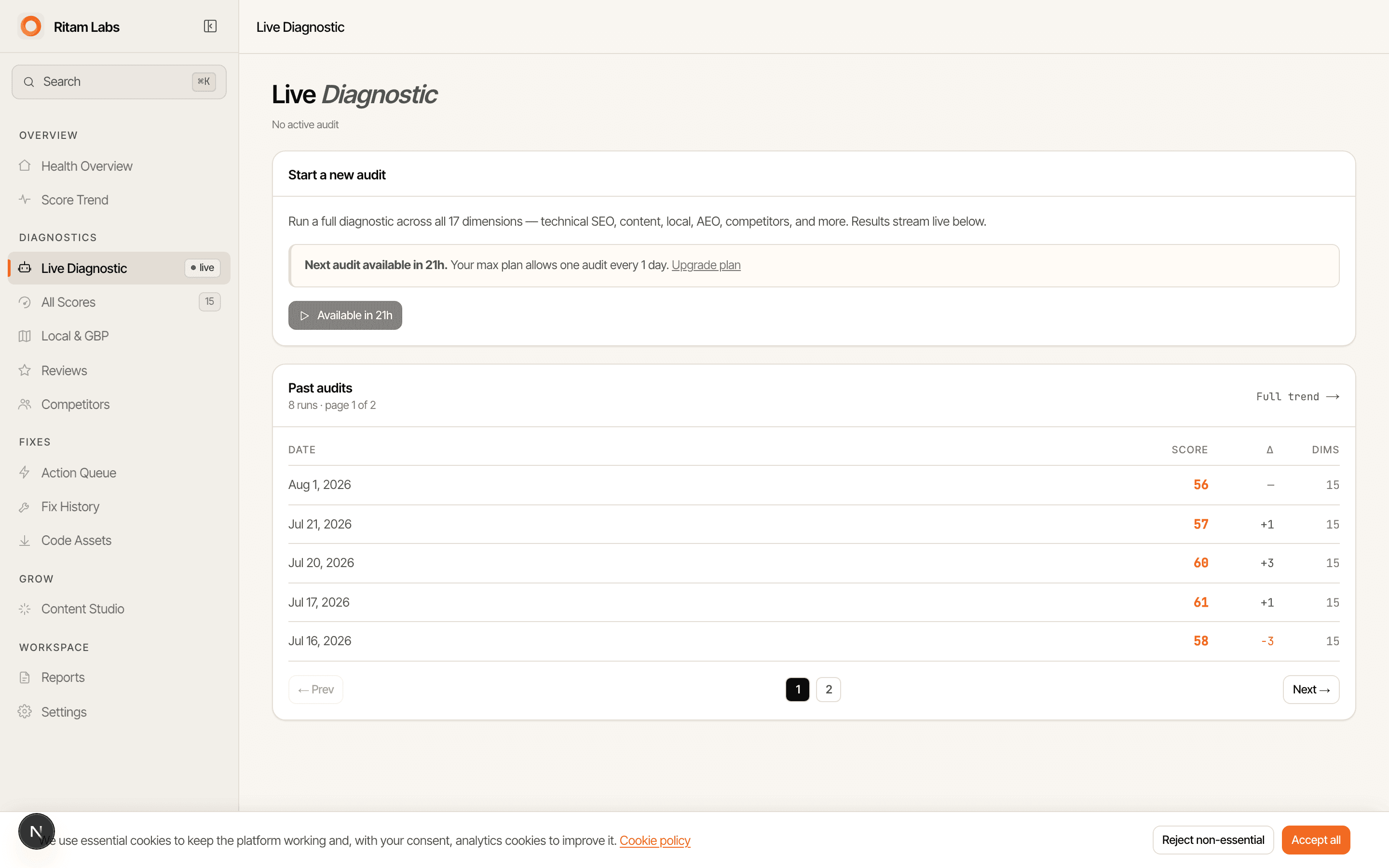 Live audit progress screen showing all 15 dimensions scoring in real time.