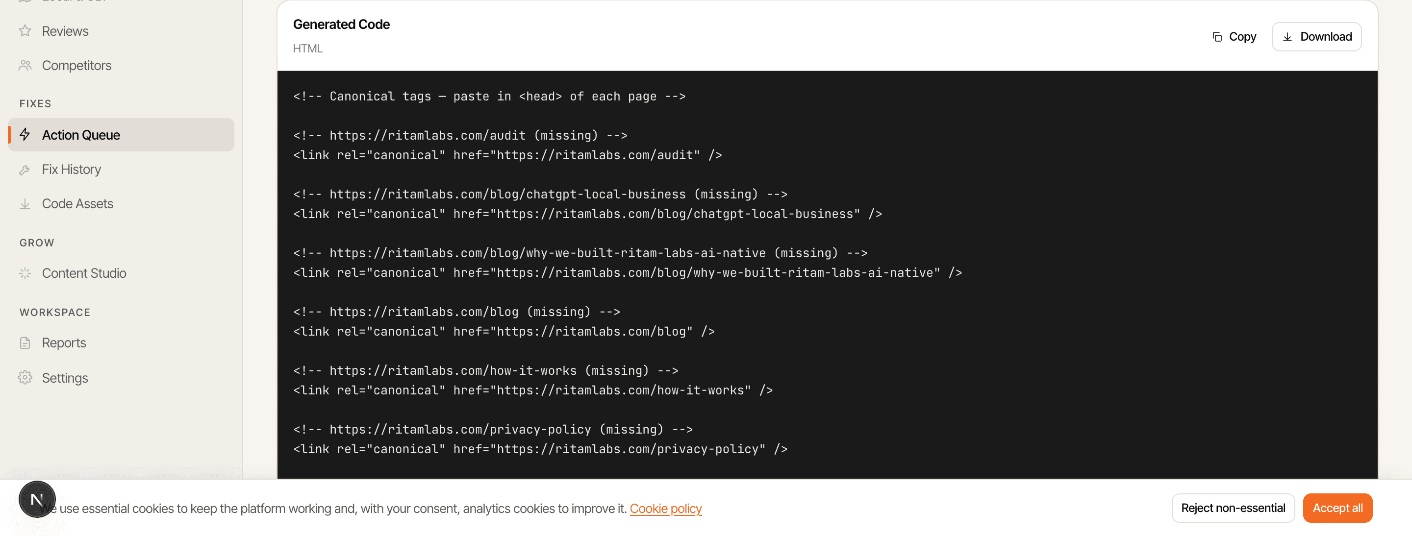 Generated fix output with a copy button.