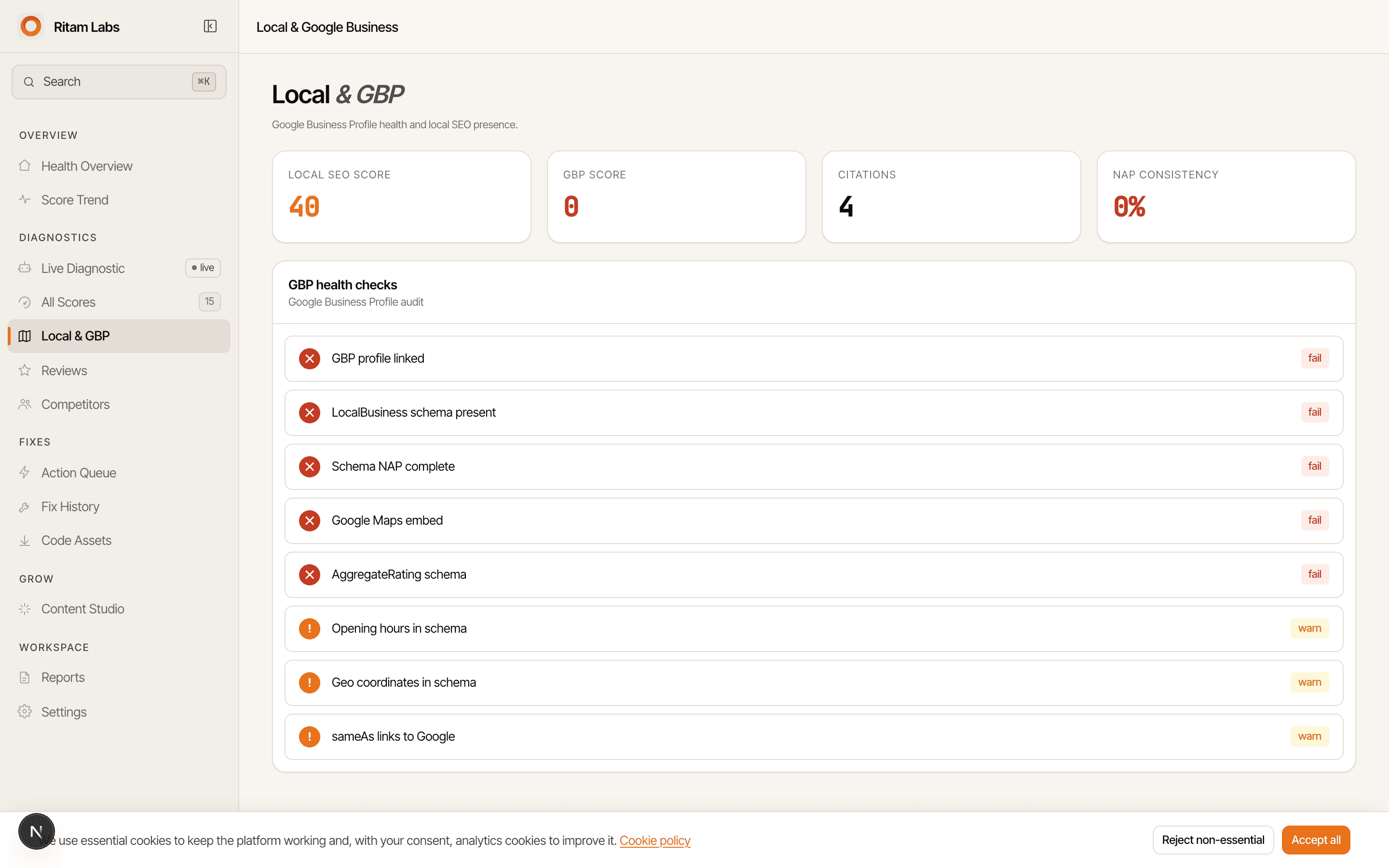 NAP consistency and LocalBusiness schema findings.
